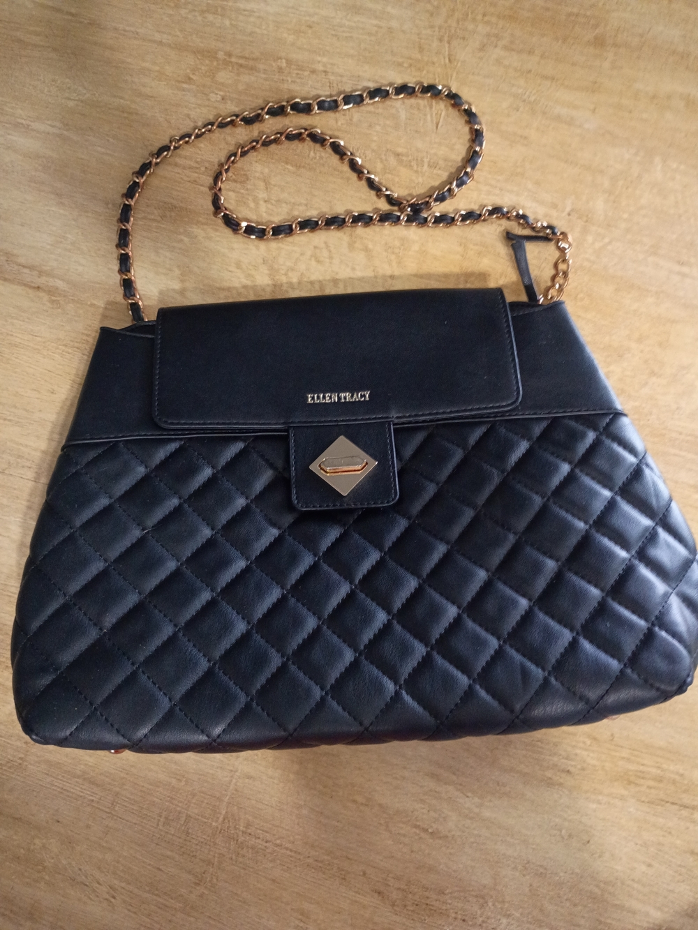 Ellen Tracy Black Quilted Shoulder Bag with Gold Chain Strap